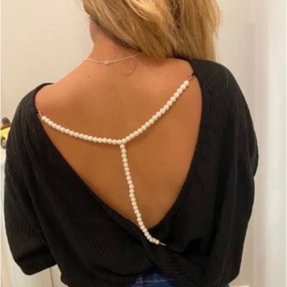 Black Ripped Long Sleeve Top Beaded Pearls Open Back S - Picture 6 of 6